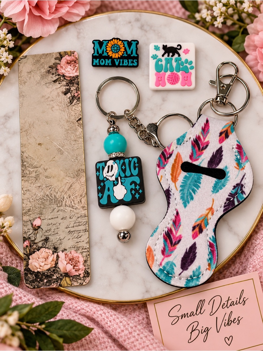 Feather Print Lip Balm Key & Card Holder – White with Teal and Pink Feathers